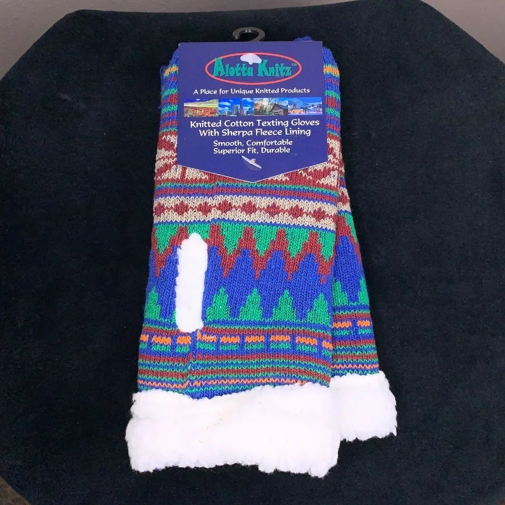 New Alotta Knits Knitted Texting Gloves Faux Sherpa Cozy Colorful Print